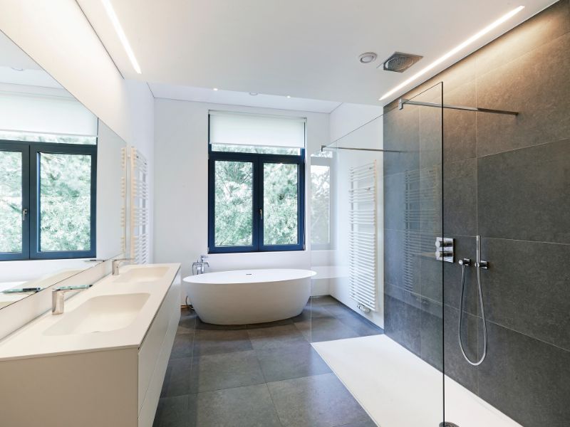 large minimalist tile bathroom in Gosford